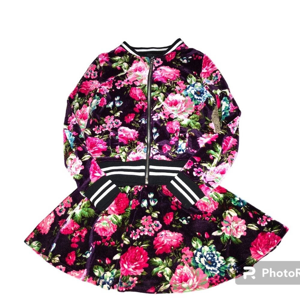 Preppy 2 piece Set Floral pink purple Velvet Jackeg Skirt‎ Set 7-8 Girls S/XS